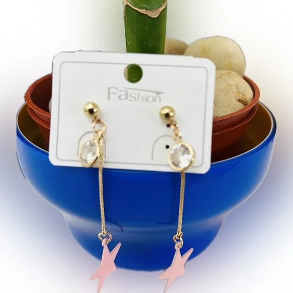 Cute & Trendy Goldplated Pink Star Charmed Dangle Drop Fashion Earrings - Picture 2 of 5